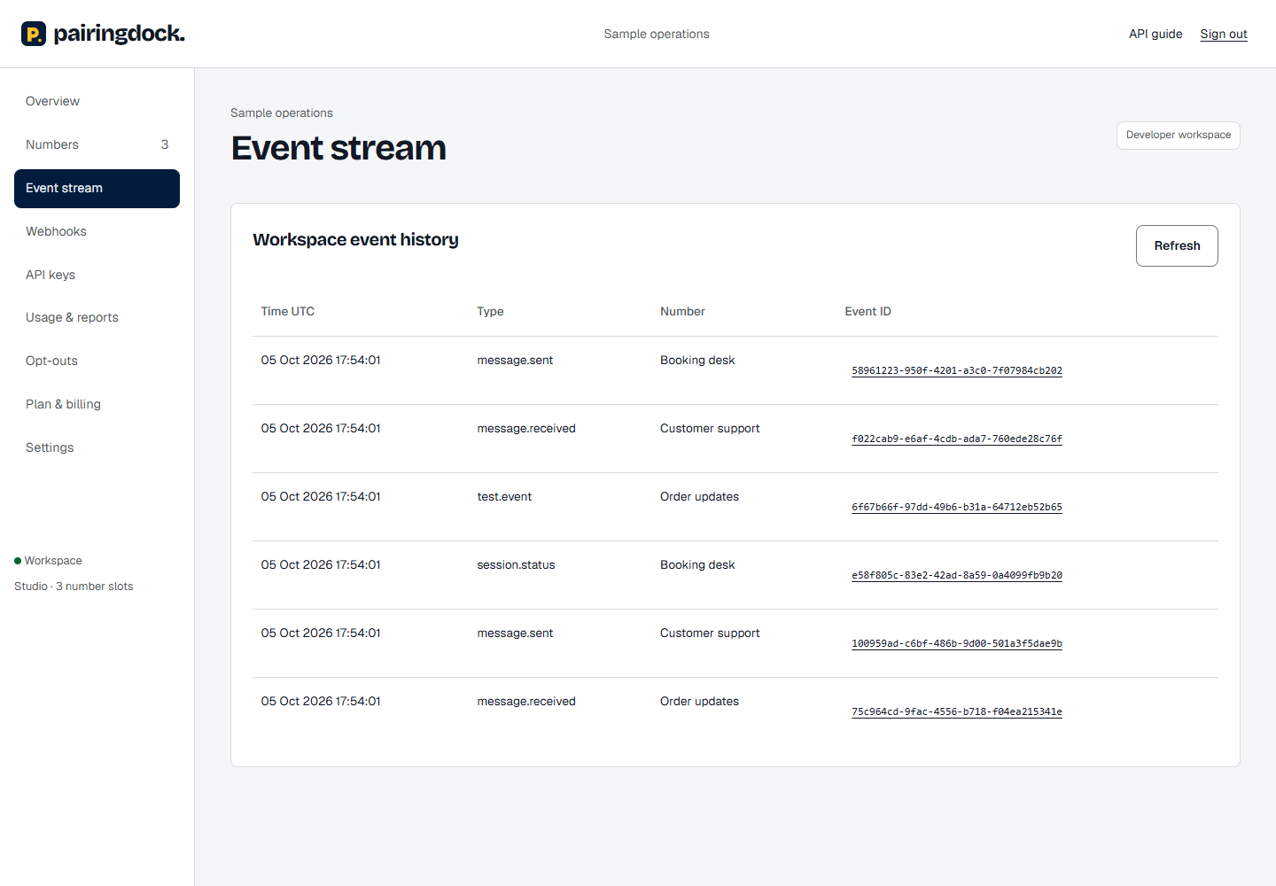 PairingDock event stream with synthetic received, delivered and retry events.